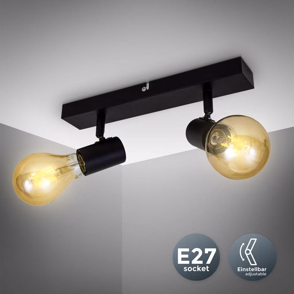 Lampada da soffitto con 2 faretti orientabili, adatta per 2 lampadine E27 non incluse max 60W, metallo nero, plafoniera per salotto o cucina, lampadario stile industriale contemporaneo per camera IP20