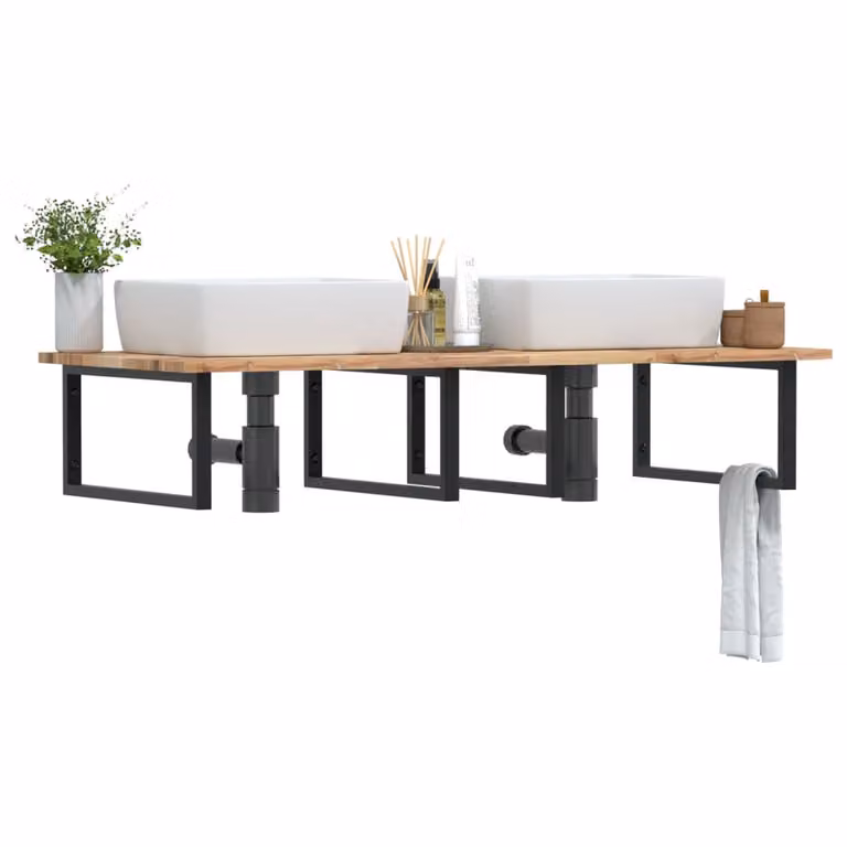 vidaXL Ripiano a Parete per Lavabo in Legno di Acacia e Metallo, Nero e Marrone, L: 120 cm