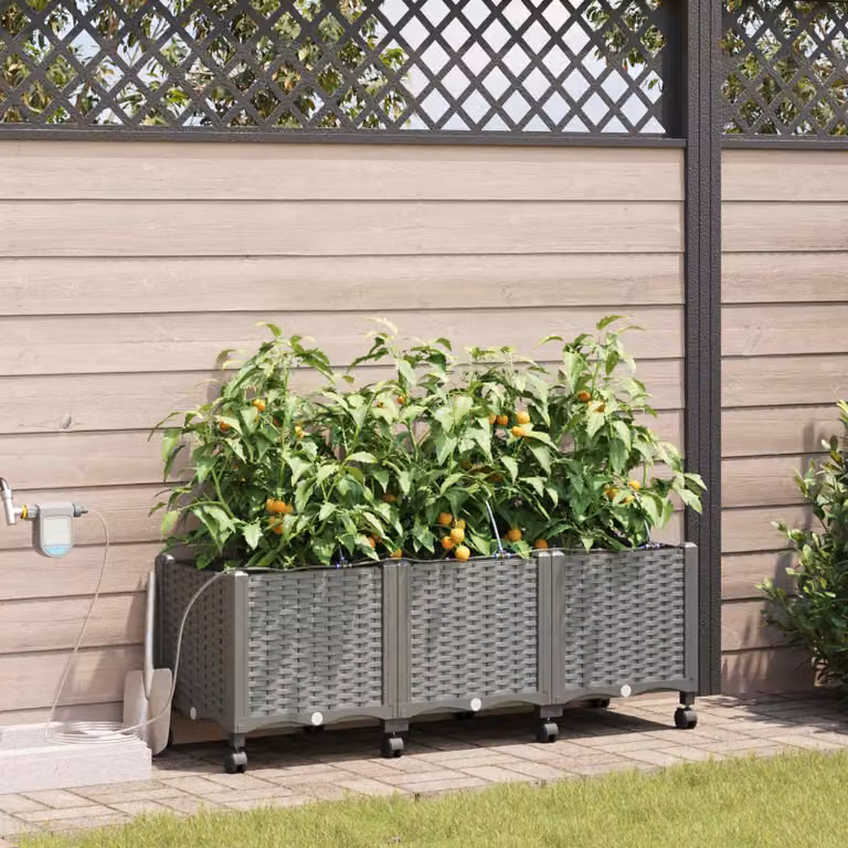 Set di 3 vasi da giardino con irrigazione e ruote vidaXL, colore grigio chiaro, in plastica