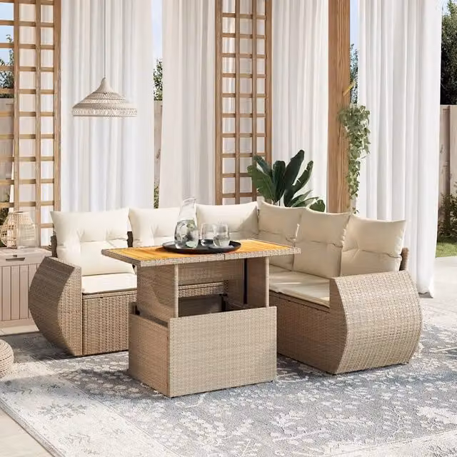Set Divano da Giardino a L VIDAXL in Polyrattan con Cuscini Beige, 6 Posti