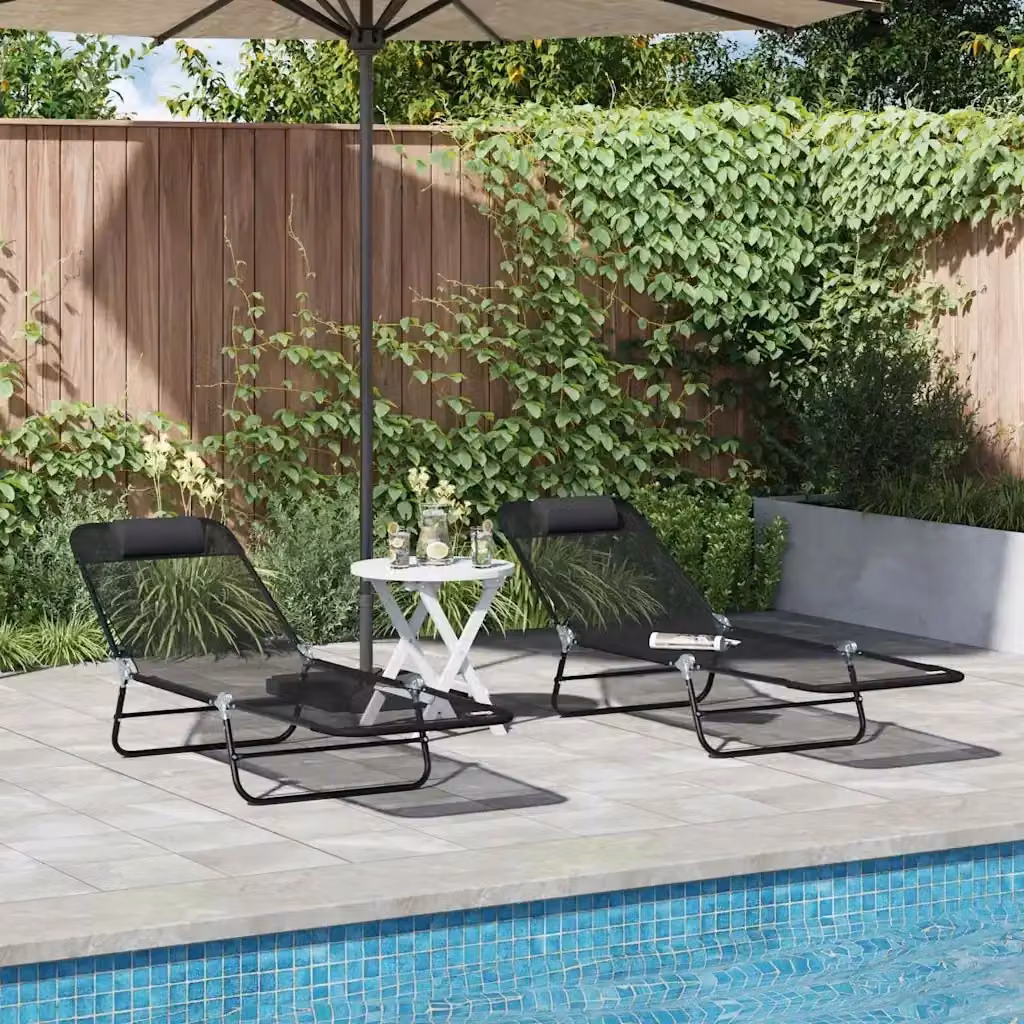 Set di 2 lettini prendisole pieghevoli in textilene nero con struttura in acciaio verniciato, L: 182 cm, P: 55 cm, H: 85,5 cm – 2