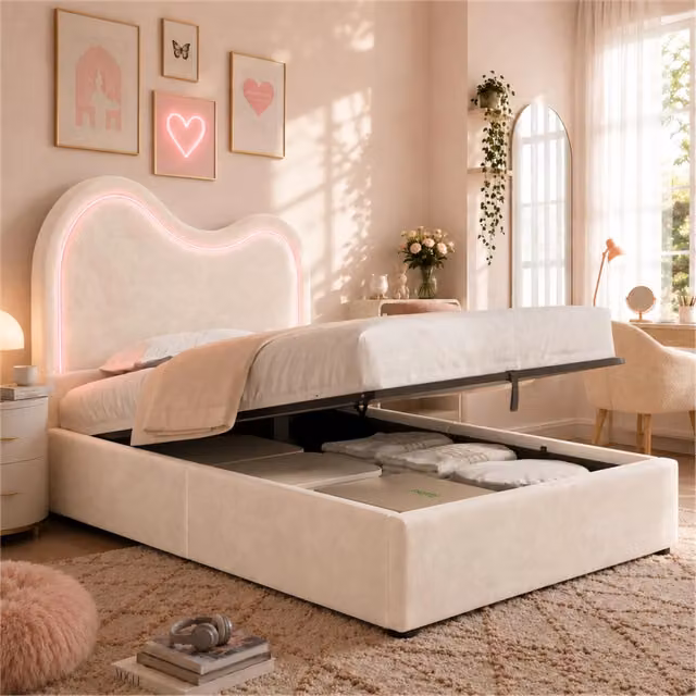 Letto imbottito contenitore singolo ¨C Minimal ¨C beige velluto 90x200cm con rete a doghe testiera