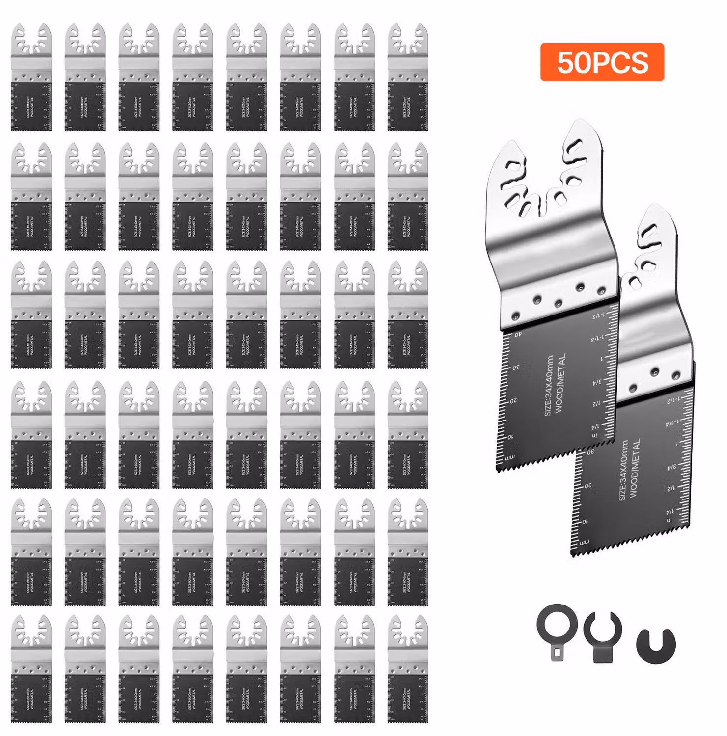 SucceBuy, 50 lame per seghe multifunzione, lame bimetalliche per utensili oscillanti, accessori per legno, plastica e metalli teneri, compatibili con diverse marche di utensili come Bosch, Fein, Dewalt e Milwaukee