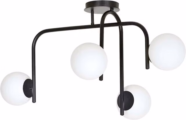 Lampadario a sospensione Ramachandra Luceart-Classic con 4 luci a bracci in acciaio nero e sfere in vetro opalino bianco
