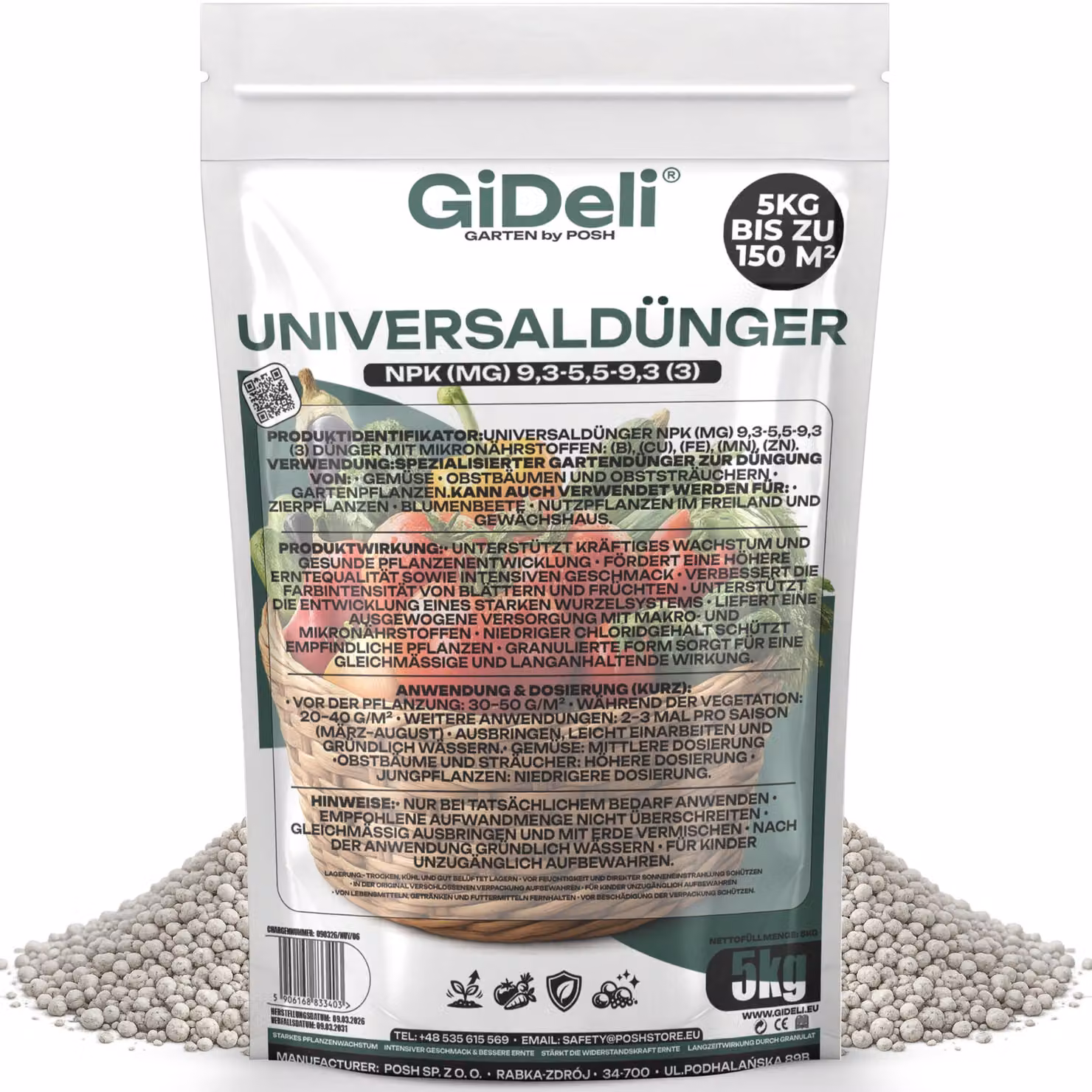 Concime universale 5 kg, fertilizzante per giardino, a basso contenuto di cloruri, adatto per ortaggi e frutta, a lenta cessione. Marca: GiDeli