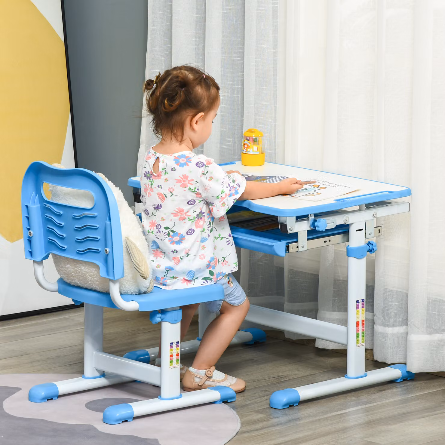 Set Tavolo, Banco e Sedie per Bambini HOMCOM Blu con Piano Inclinabile e Altezza Regolabile – 2