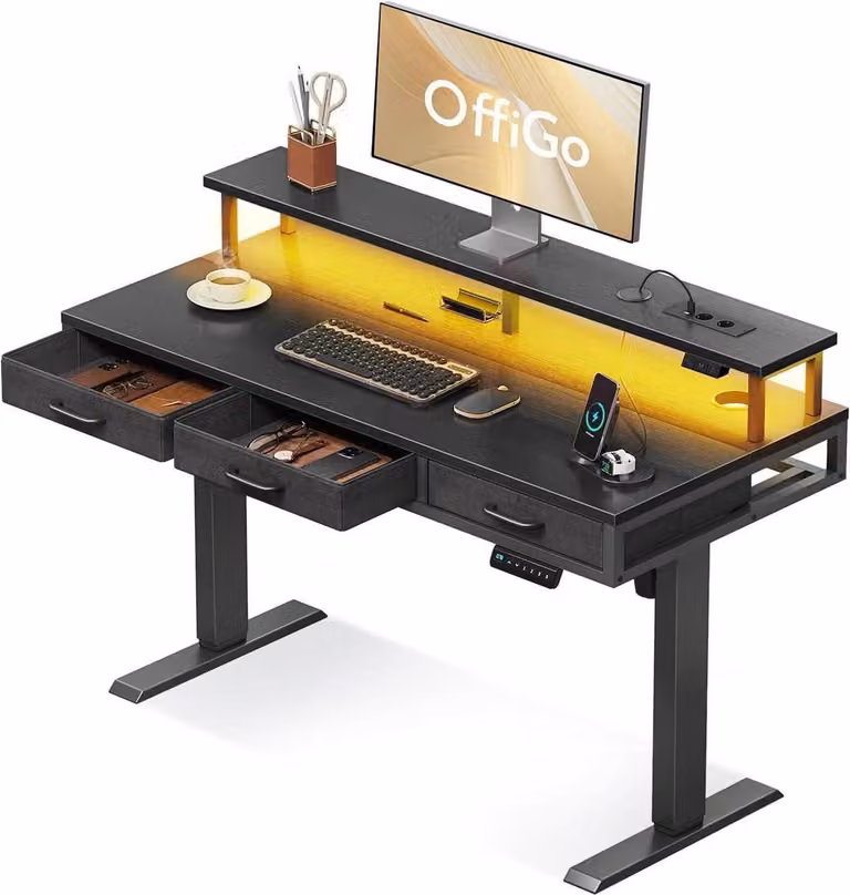 Scrivania elettrica con cassetti e supporto per monitor, scrivania da gioco con prese e striscia luminosa, nero