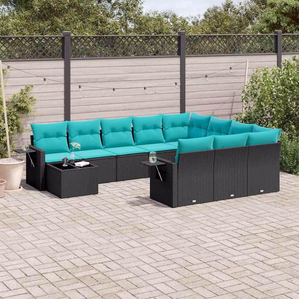 Set di divani da giardino vidaXL in polyrattan nero con 11 pezzi, inclusi cuscini e tavolino da caffè per esterno