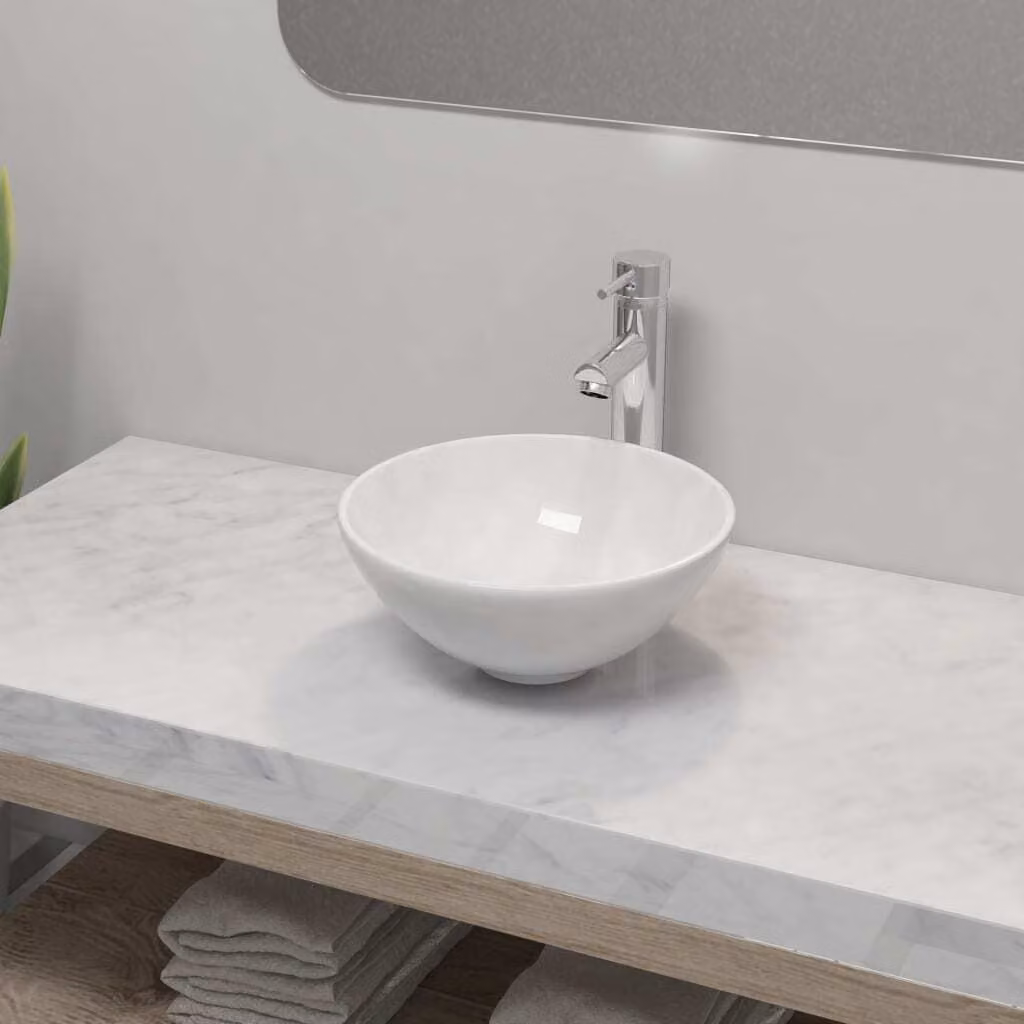 The Living Store Lavandino da bagno con miscelatore in Vetroceramica rotondo bianco