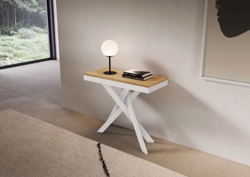 Consolle Allungabile Saki Evolution GIORDANOSHOP Quercia Natura con Gambe Bianche L/P/H: 90-300 x 40 x 77 cm – 2