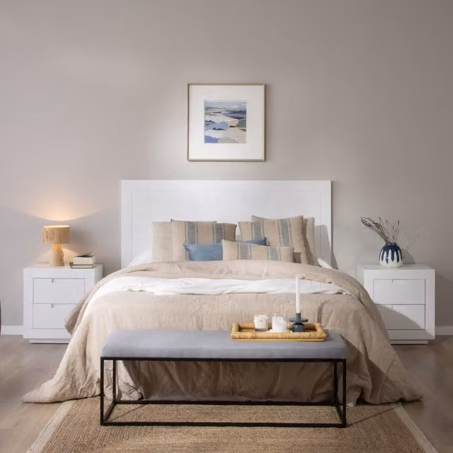 Testiera per letto Banak in legno e sisal bianco con design minimalista L: 162 cm, H: 120 cm, P: 120 cm