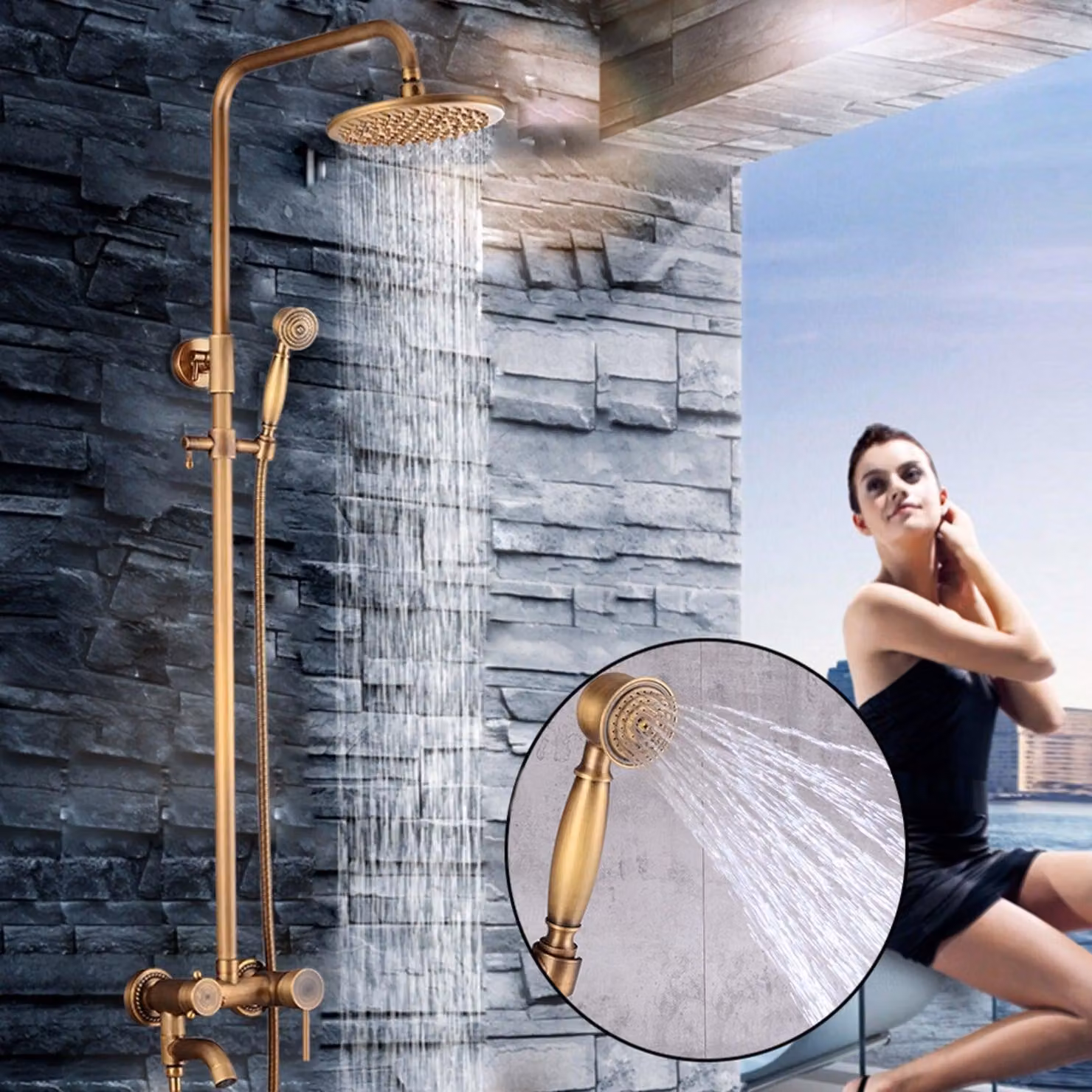 Set doccia – Doccia a pioggia – Design retrò – 3 livelli di getto – Rubinetto in Vetroceramica – Bronzo