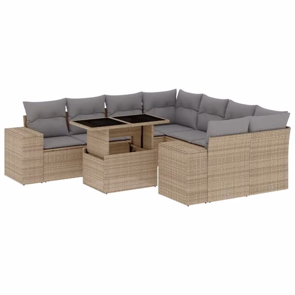 vidaXL Set Divano da Giardino a L 9 pz in Polyrattan Beige con Cuscini e Tavolino – 2