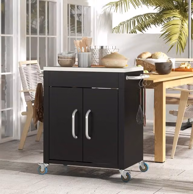 Carrello da cucina moderno con ruote e piano in acciaio inox, nero opaco, L: 50 cm, P: 86 cm, H: 86,5 cm – 1