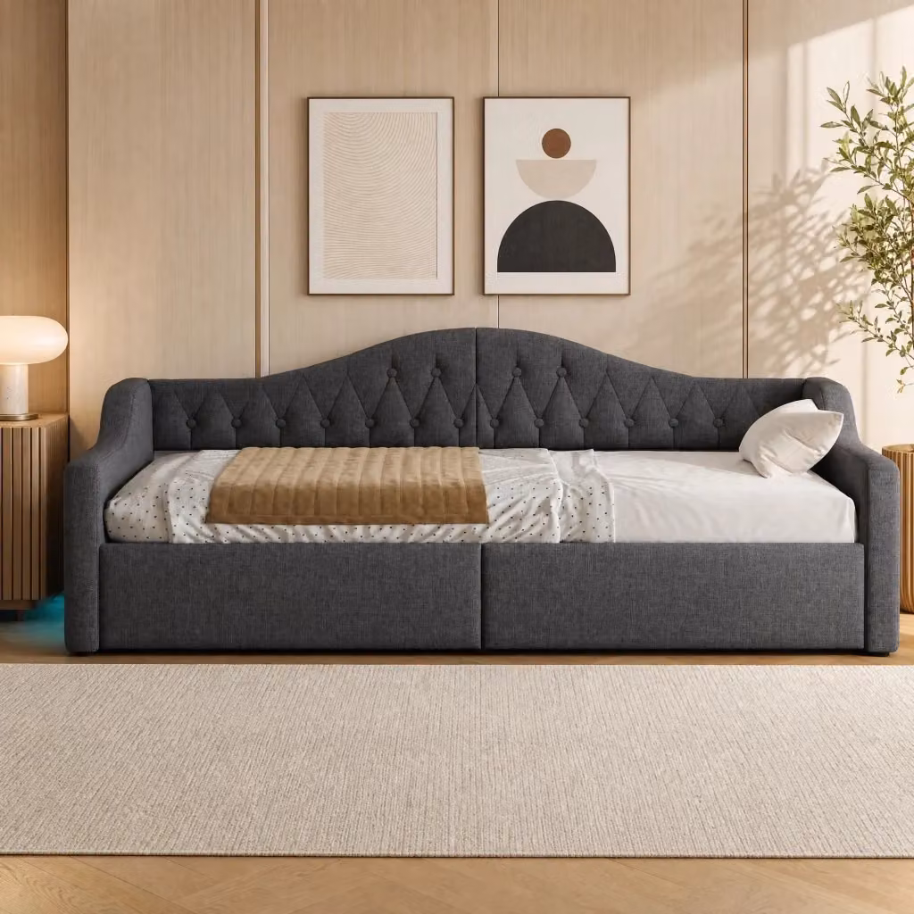 Letto Giorno REDOM Grigio con Contenitore a Sollevamento e Illuminazione LED in Tessuto L/P/H: 90 x 200 cm – 2
