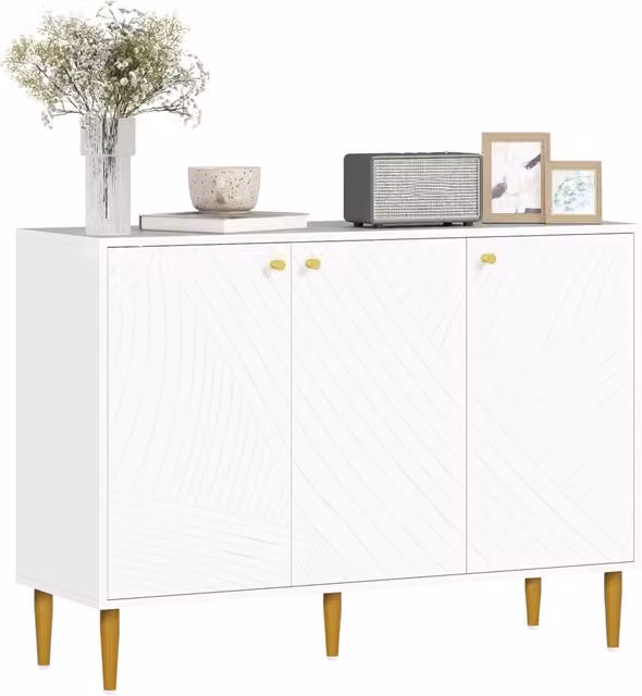 Credenza Moderna Buffet con 3 Ante e Ripiani Regolabili Mobile Salvaspazio per Soggiorno e Cucina Gambe in Acciaio Dorato Bianco 107 x 35 x 77 cm