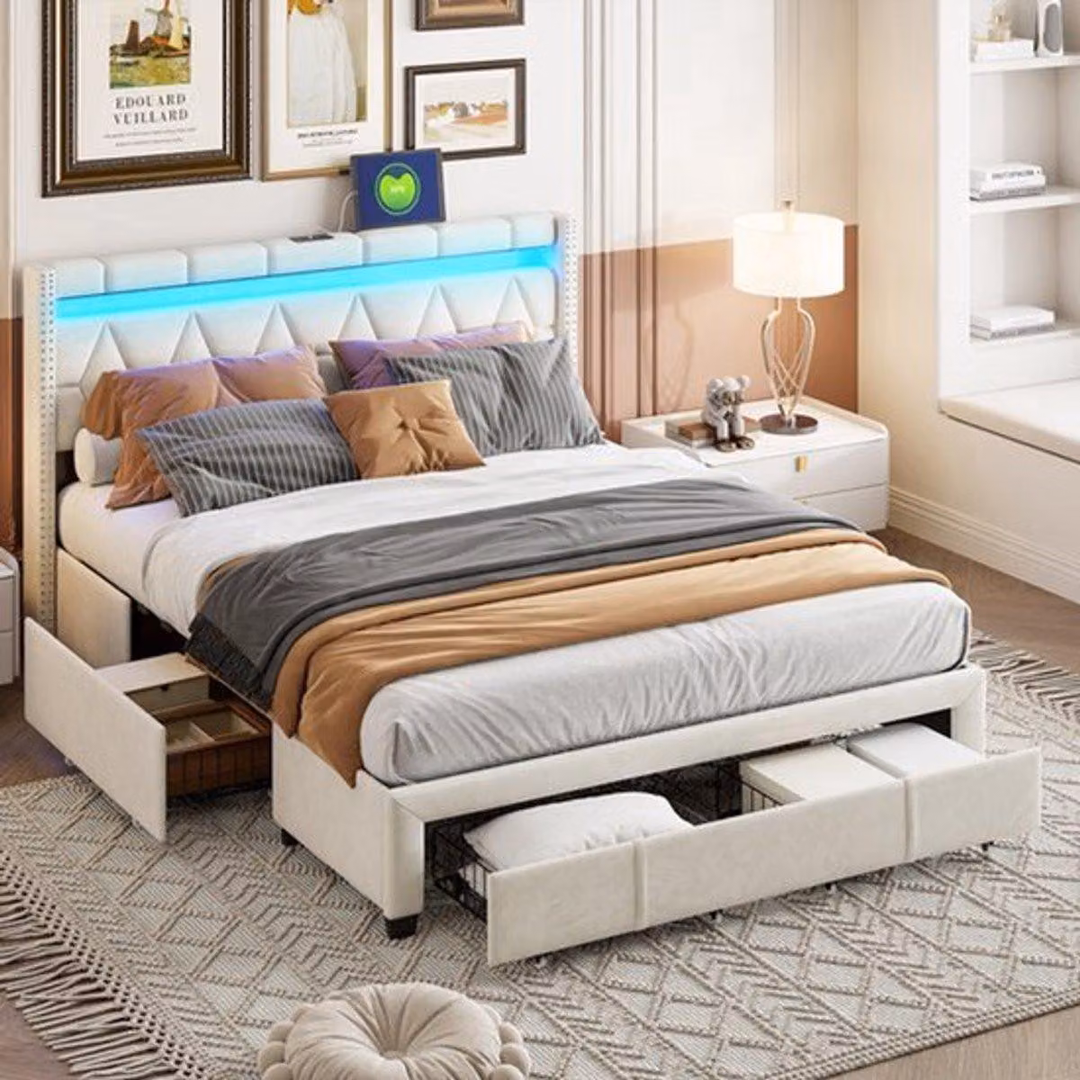 Letto imbottito in lino, dimensioni 160x200 cm, color beige, con 4 cassetti, illuminazione LED e porta USB