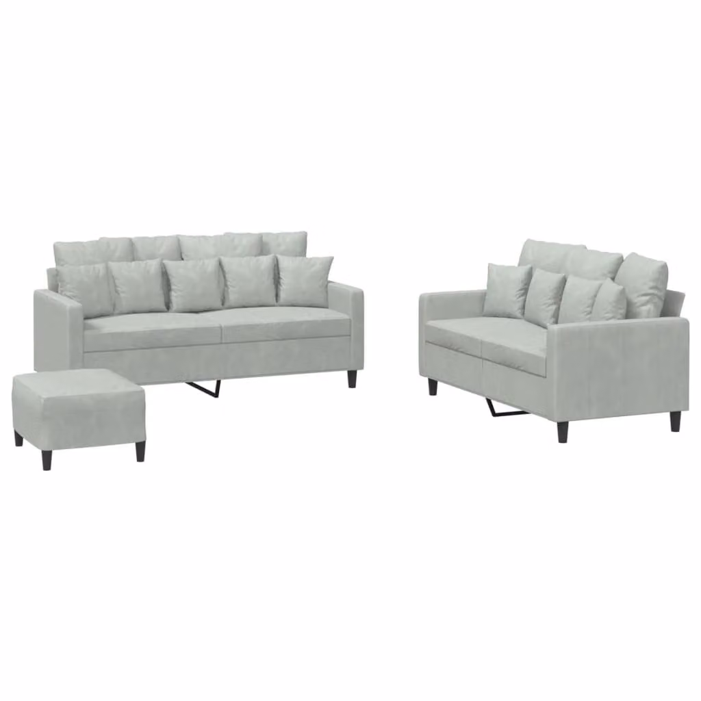 Set di Divani 3 pz con Cuscini Grigio Chiaro in Velluto