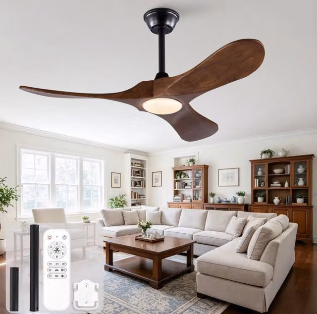 Ventilatore da soffitto moderno con LED dimmerabile e telecomando, 3 pale in legno noce e struttura in metallo, colore nero e marrone, diametro 106,68 cm