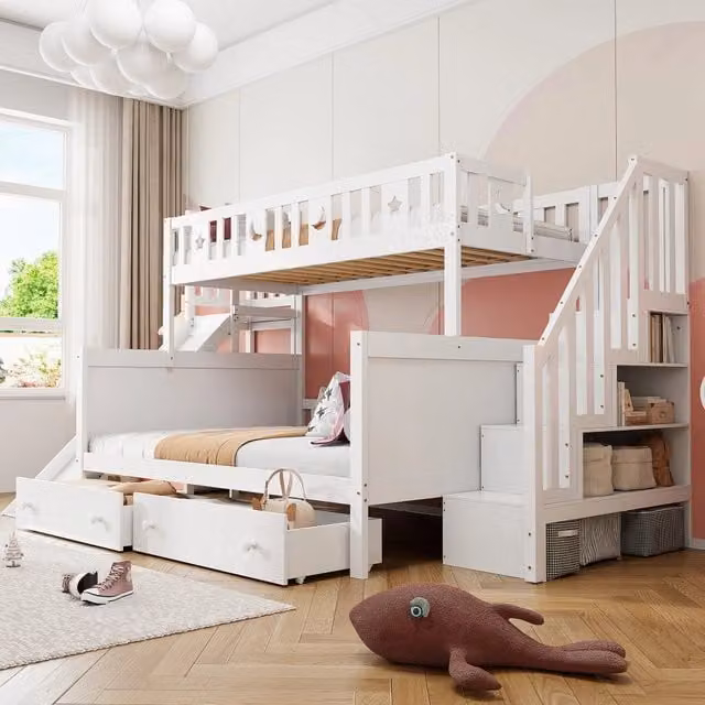 Letto a castello 90x200/140x200 cm con scivolo e scala di sicurezza in legno bianco