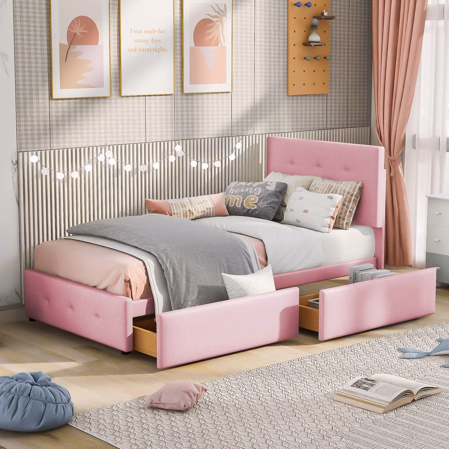 Letto imbottito Merax 90x200cm con testata regolabile in altezza, letto in legno singolo con due cassetti e rete a doghe, letto giovanile in velluto per bambini, rosa