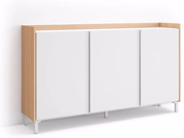 Credenza, Mobile, Cucina, 156x91x35 cm, 3 Porte, Design industriale, LED, Bianco e Rovere soft