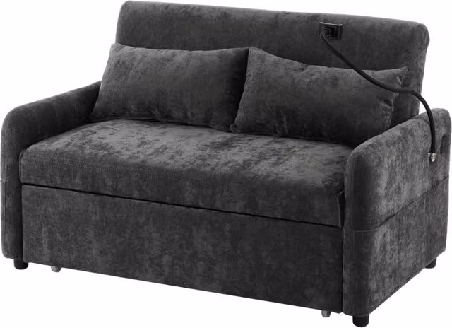 Divano letto doppio moderno con braccioli richiudibili, tessuto in ciniglia, schienale regolabile, porta cellulare e porta USB, per soggiorno e camera