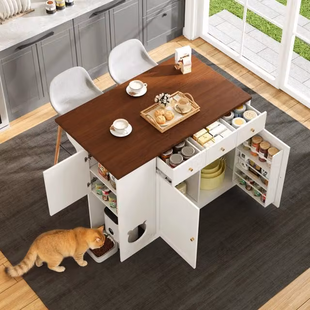 Isola da cucina con piano estraibile; portasalviette e zona pet; bianco e noce scuro; 120x(40+30)x90 cm