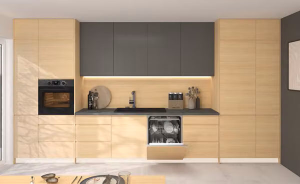 Cucina AREZZO con piano di lavoro 448cm REJS ad estrazione totale bianco Vicenca fronte rovere - graphite opaco