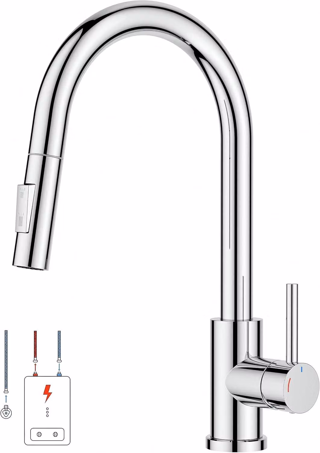 Miscelatore da cucina a bassa pressione, estraibile, con un'unica leva, per acqua calda e fredda, adatto per l'installazione sotto il piano di lavoro, finitura cromata