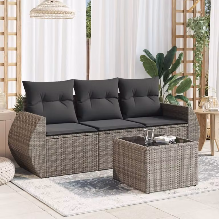 vidaXL Set Divani da Giardino 4 pz in Polyrattan Grigio con Cuscini e Tavolino