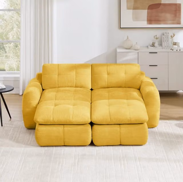 Divano modulare 2 posti in chenille giallo; seduta ampia e profonda; 194x160x68 cm