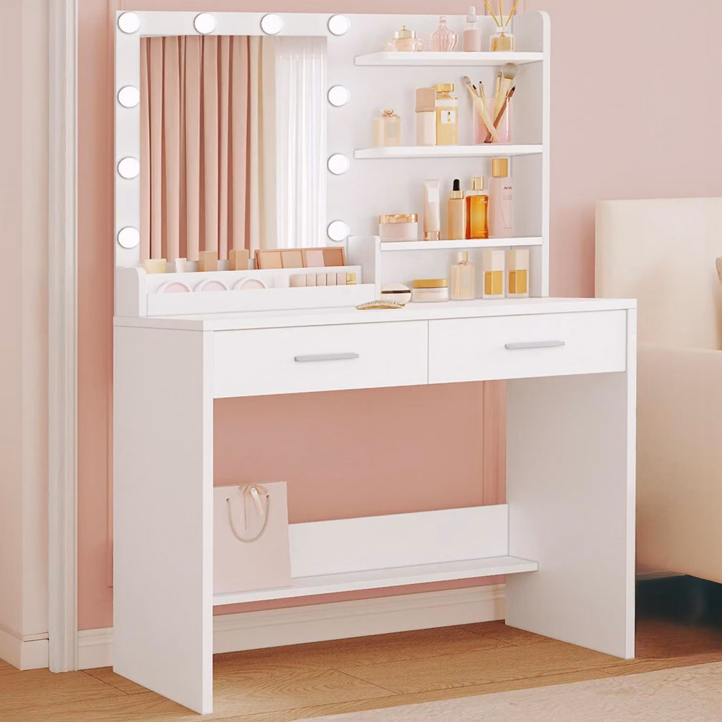 Comò da trucco con specchio e illuminazione a LED, 90 cm, bianco, 2 cassetti, 4 ripiani aperti