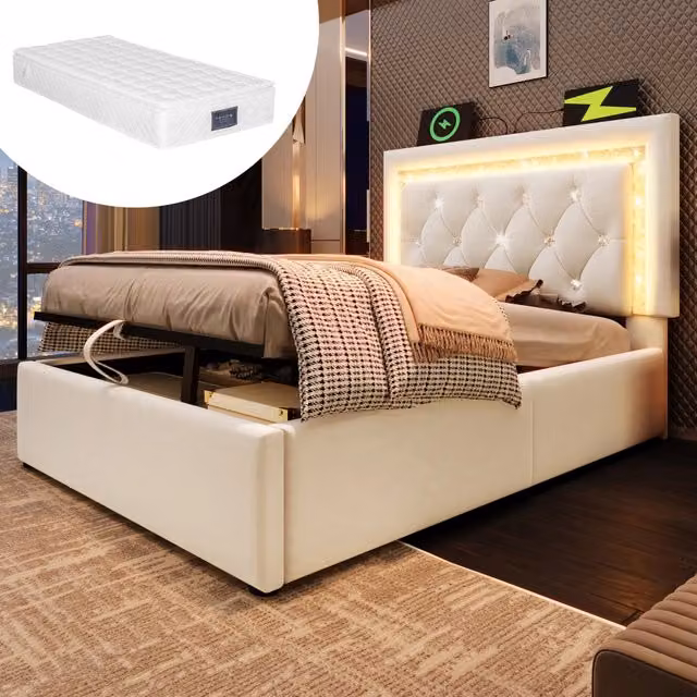 Letto singolo 90 × 200 cm con vano idraulico, LED regolabile, USB e Type-C, materasso incluso, velluto beige