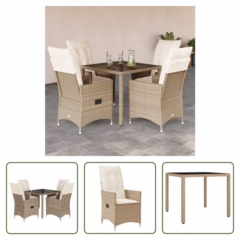The Living Store Set da pranzo da giardino 5 pezzi con cuscini Beige poly rattan