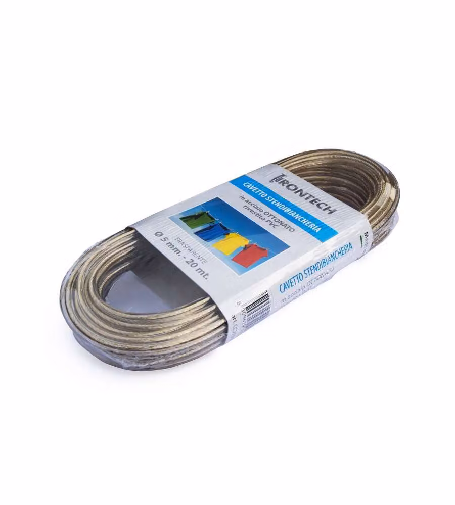 Cavo stendibiancheria Diam. 5 mm. in acciaio ottonato rivestito PVC trasparente 20 mt.