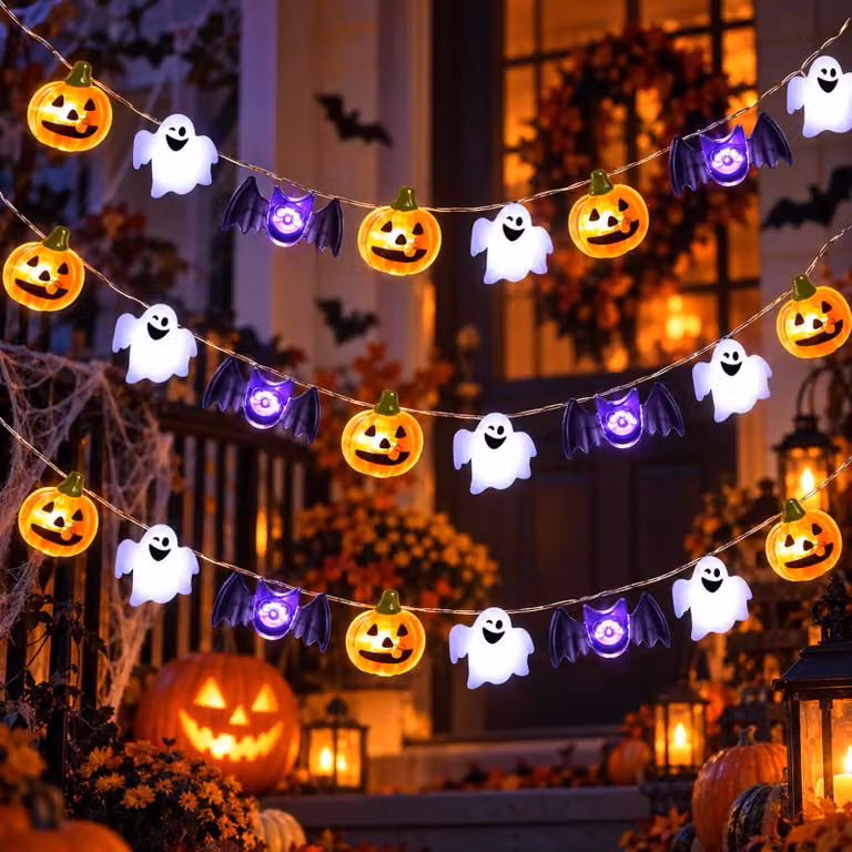Catena luminosa a tema Halloween: fantasma, zucca, pipistrello, 3 metri, 30 LED
