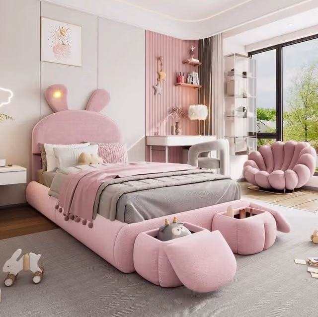 Letto imbottito 90x200 cm con LED e pouf contenitori in velluto rosa