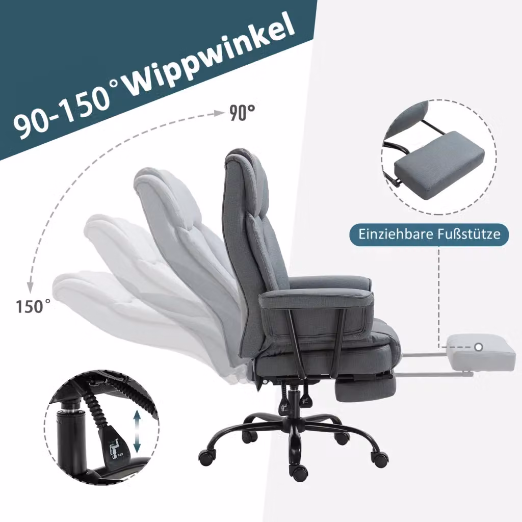 Sedia da ufficio ergonomica reclinabile in similpelle grigia con poggiapiedi, poggiatesta e rotazione a 360 gradi – 2