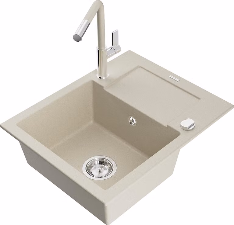 Mexen Enzo lavello in granito a 1 vasca con scolapiatti e rubinetto da cucina Flora, beige - 6506-69-670401-09