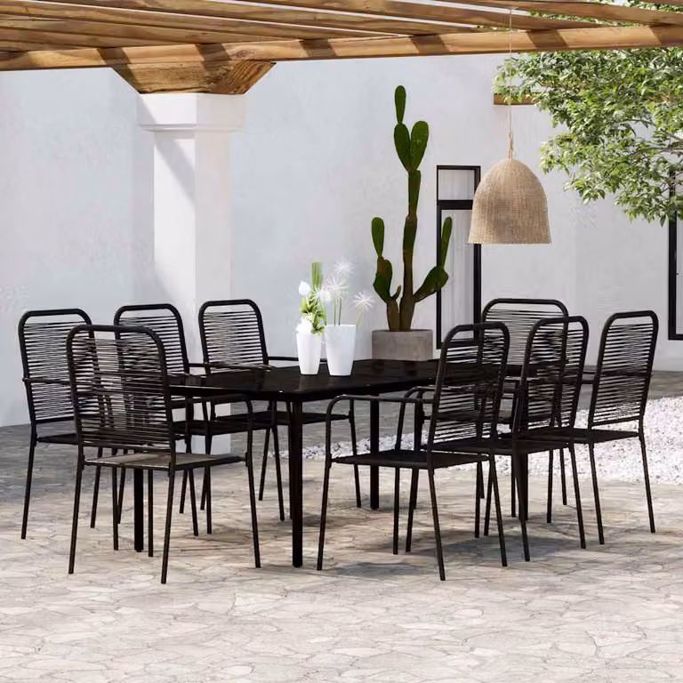 Set da pranzo da giardino vidaXL in acciaio nero e vetro con 9 pezzi e cuscini
