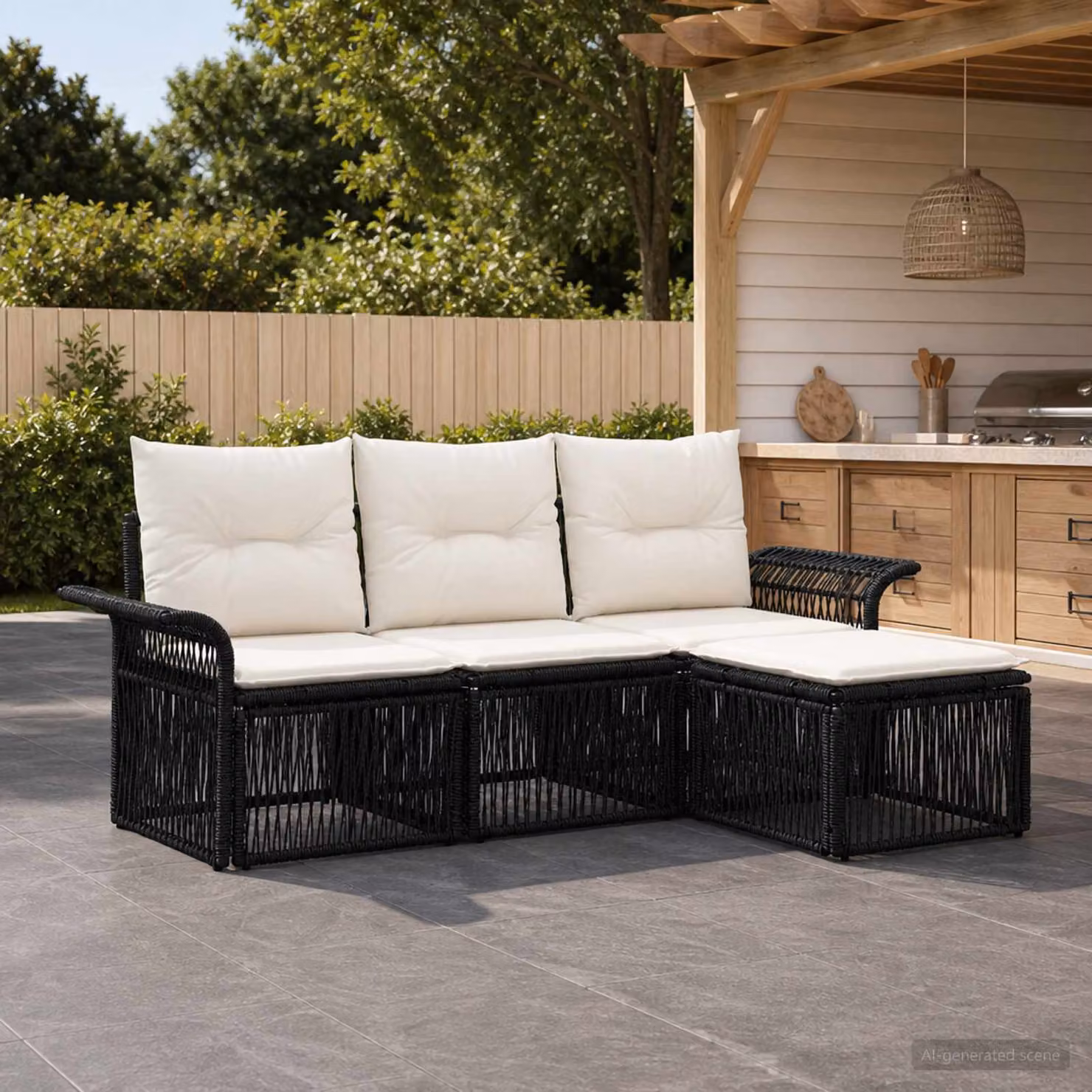 Set Divano da Giardino vidaXL a L in Polyrattan Nero con Cuscini e Ottoman