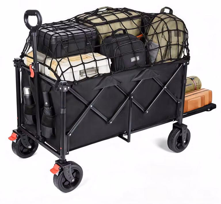 Carrello pieghevole, capacità da 150 a 230 litri, portata massima di 120 kg, con freno di stazionamento, ideale per campeggio e spiaggia