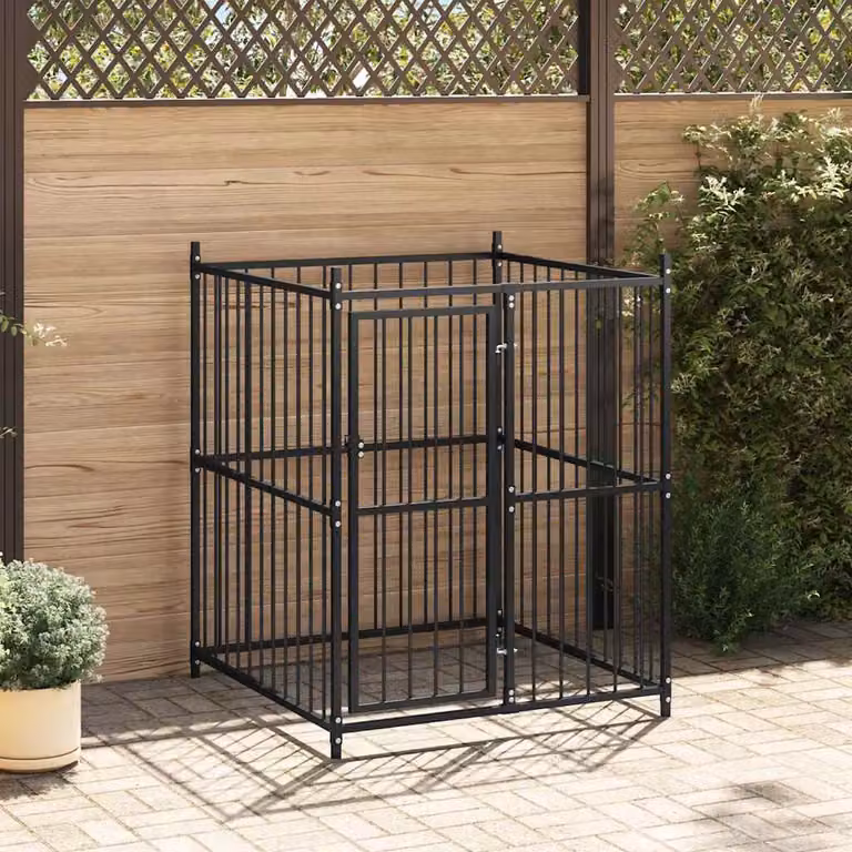 Canile da esterno vidaXL in metallo nero, resistente alle intemperie, L 120 x P 120 x H 150 cm