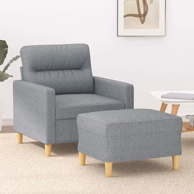 Poltrona Lounge con Poggiapiedi in Tessuto Grigio con Braccioli e Struttura in Metallo e MDF