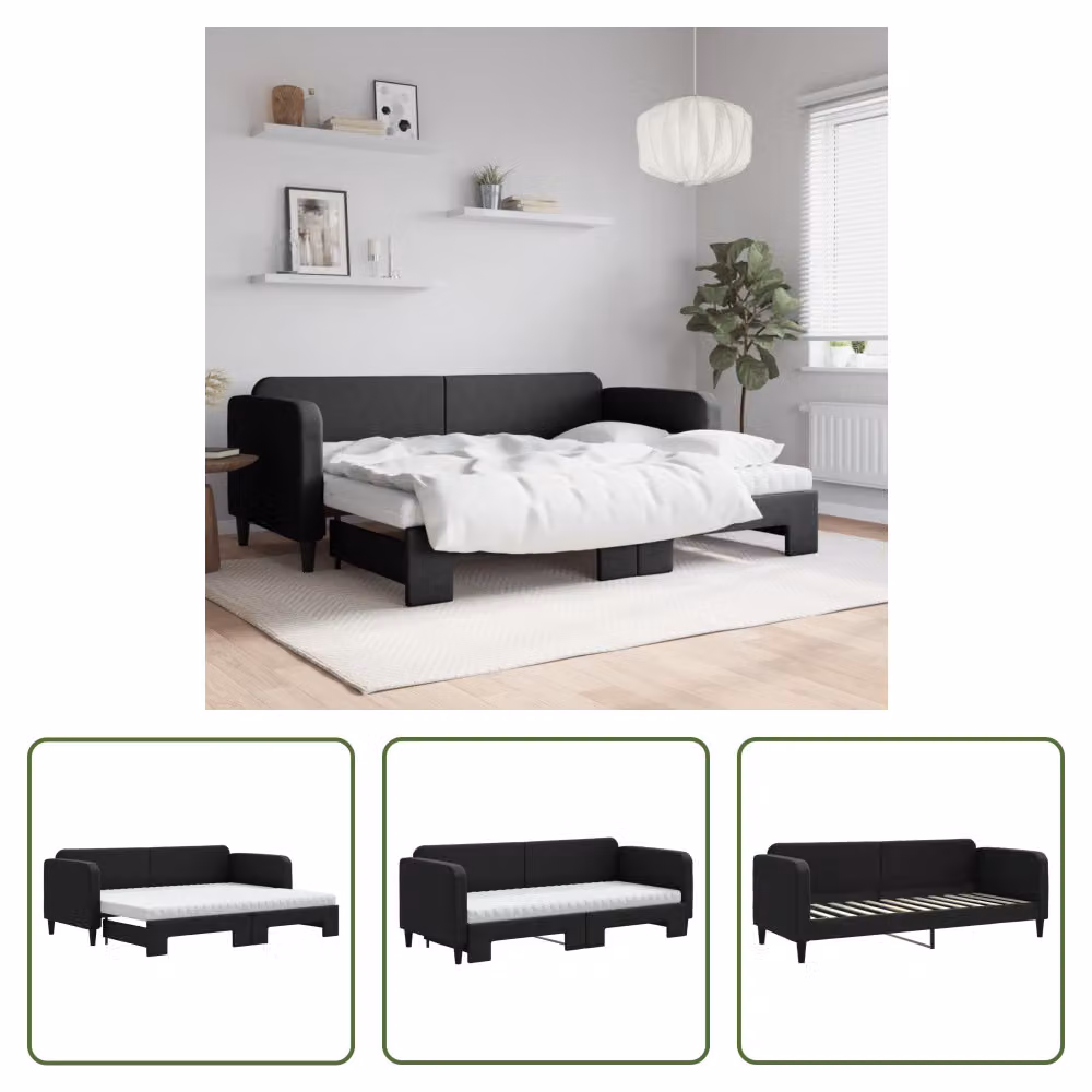 The Living Store Lettino allungabile con materassi nero 80x200 cm in tessuto