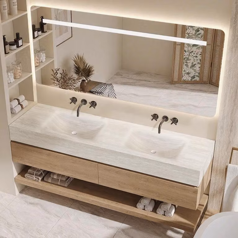 Set lavabo doppio sospeso, effetto travertino, con specchio, mobile sottolavabo, pietra sinterizzata, senza foro per rubinetteria 150×55 cm【RW4822-150 BKK】