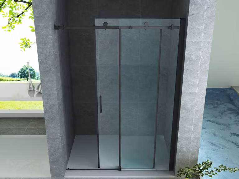 Porta scorrevole in vetro trasparente, modello Aloni, con finitura nera opaca, dimensioni 140x200 cm