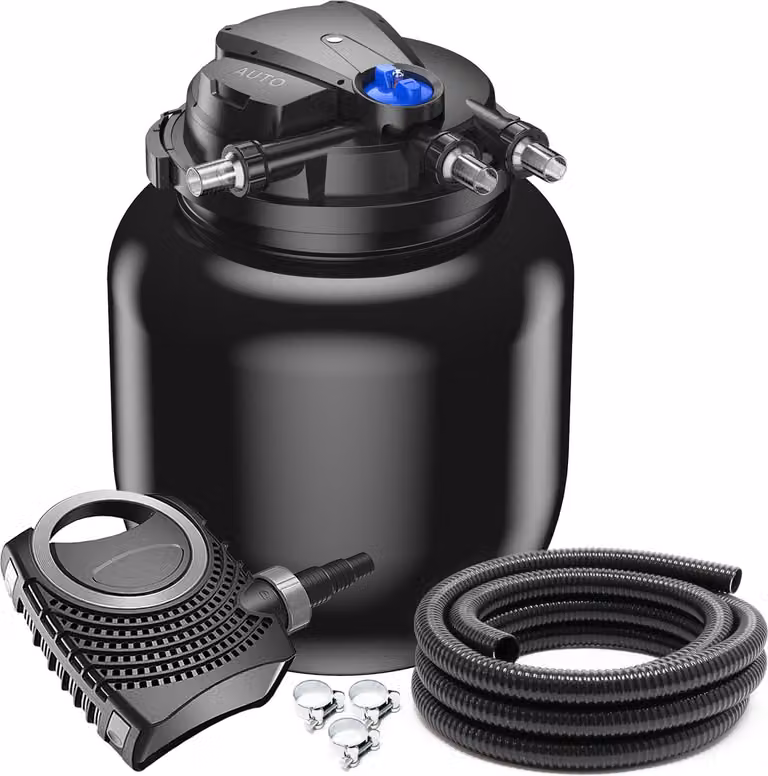 Set completo SunSun: filtro a pressione per laghetti CPA-50000 fino a 100000 L con chiarificatore UV-C da 55 watt, pompa per laghetti NEO12000 SuperECO 12000l/h 100W, tubo per laghetti da 10 m 38 mm (1 1/2"), fascette stringitubo W1 44-47mm