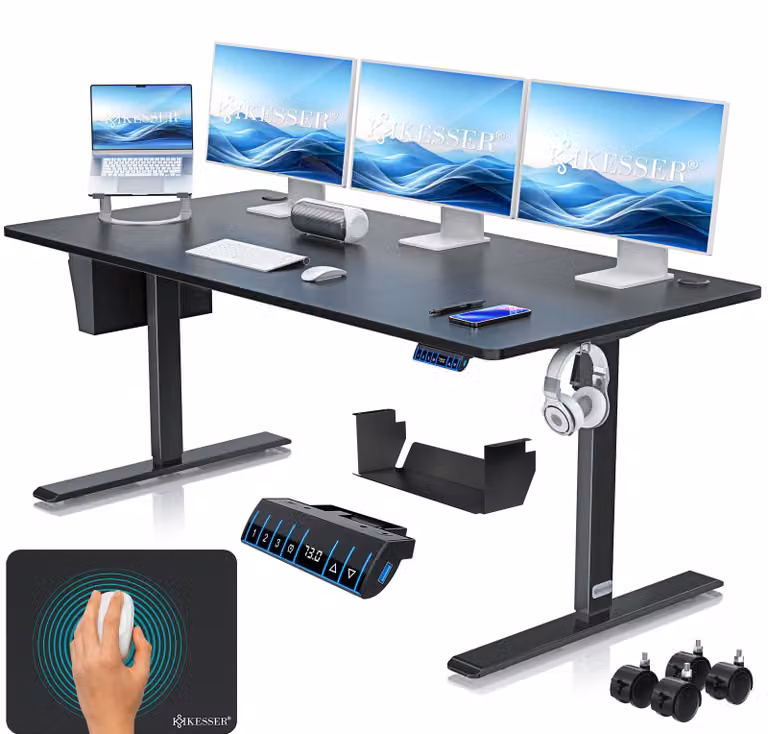 Scrivania regolabile in altezza KESSER®, elettrica, con memoria a 3 posizioni, inclusi rotelle e porta USB